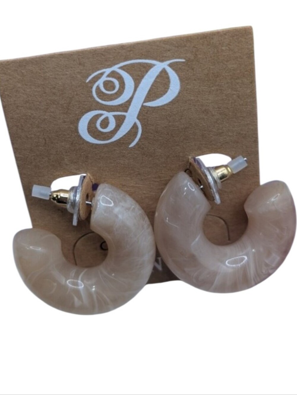 Plunder Chunky Caramel Latte Marble Swirl Acrylic Lightweight Hoop Earrings NEW!
